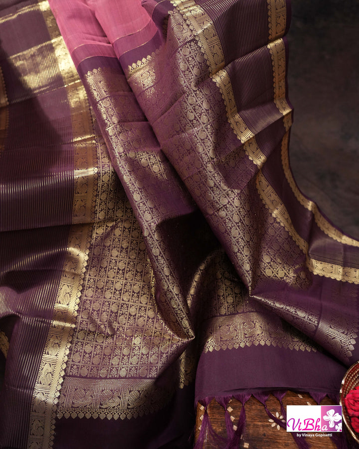 Dark Mauve And Plum Kanchi Silk Saree with Embroidered Blouse