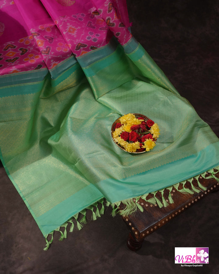 Rani Pink Handwoven Kanchi Silk Saree with Patola Weave and Blouse