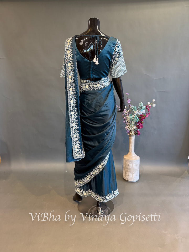 Peacock Blue Pre draped Saree with a Madhubala Blouse
