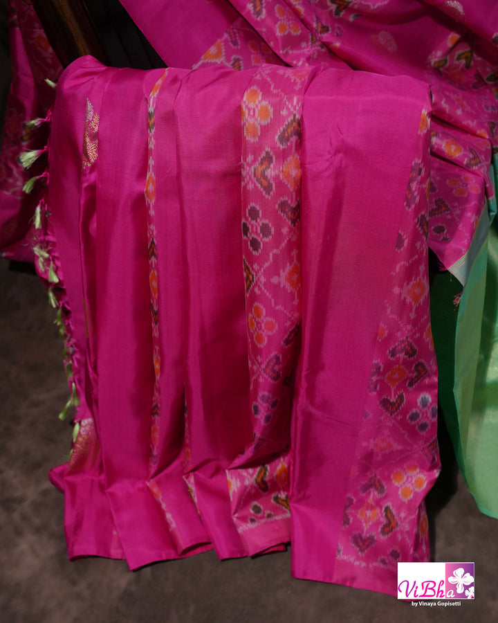 Rani Pink Handwoven Kanchi Silk Saree with Patola Weave and Blouse