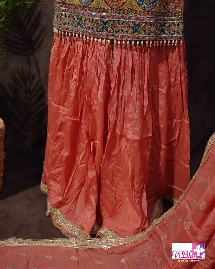 Coral Peach Multicolor Embroidered Sharara Set