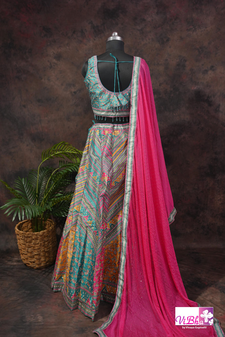 Turquoise &amp; Rani Pink Multicolor Lehenga Set