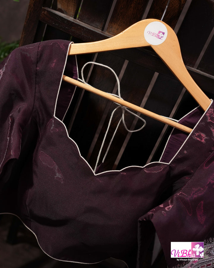 Deep Plum Designer Saree with All-Over Floral Vine Embroidery