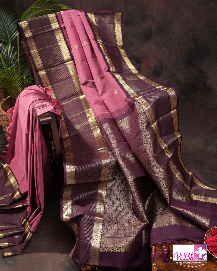 Dark Mauve And Plum Kanchi Silk Saree with Embroidered Blouse