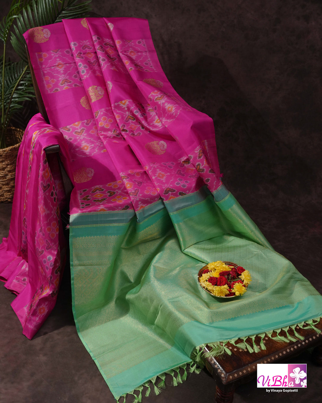 Rani Pink Handwoven Kanchi Silk Saree with Patola Weave and Blouse