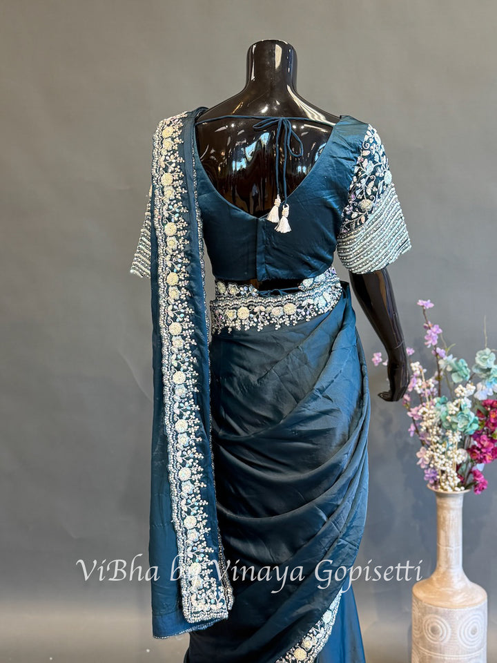 Peacock Blue Pre draped Saree with a Madhubala Blouse
