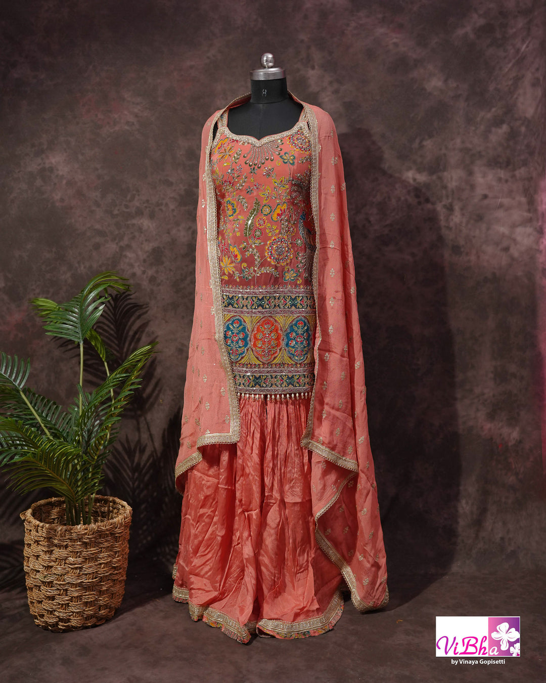 Coral Peach Multicolor Embroidered Sharara Set