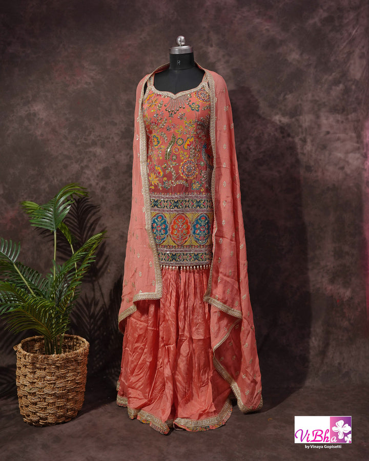 Coral Peach Multicolor Embroidered Sharara Set