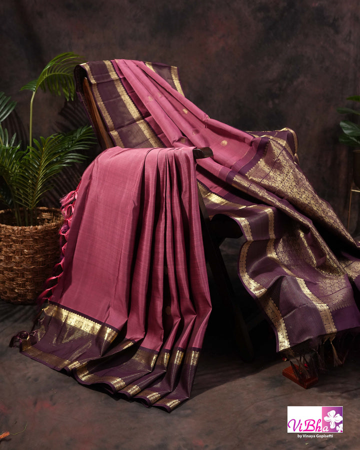 Dark Mauve And Plum Kanchi Silk Saree with Embroidered Blouse