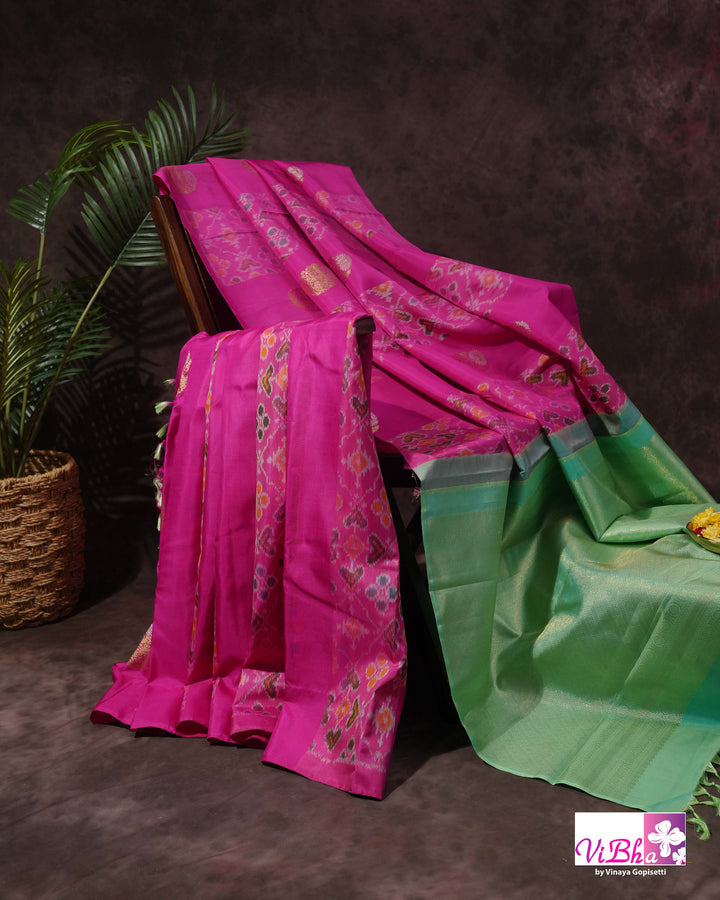 Rani Pink Handwoven Kanchi Silk Saree with Patola Weave and Blouse