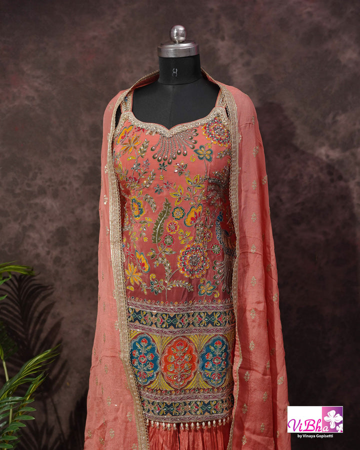 Coral Peach Multicolor Embroidered Sharara Set