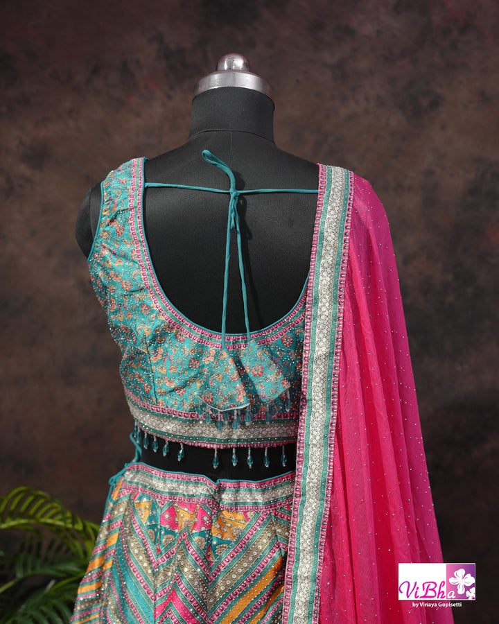Turquoise &amp; Rani Pink Multicolor Lehenga Set