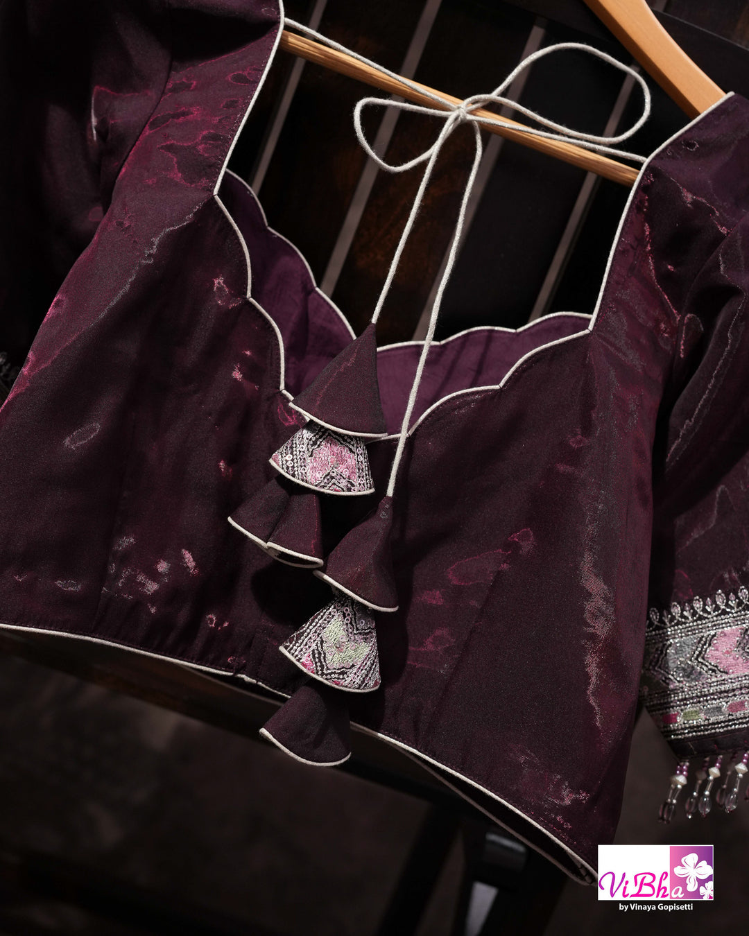 Deep Plum Designer Saree with All-Over Floral Vine Embroidery