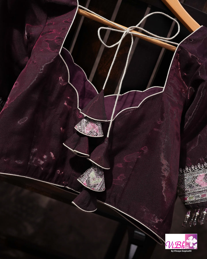 Deep Plum Designer Saree with All-Over Floral Vine Embroidery