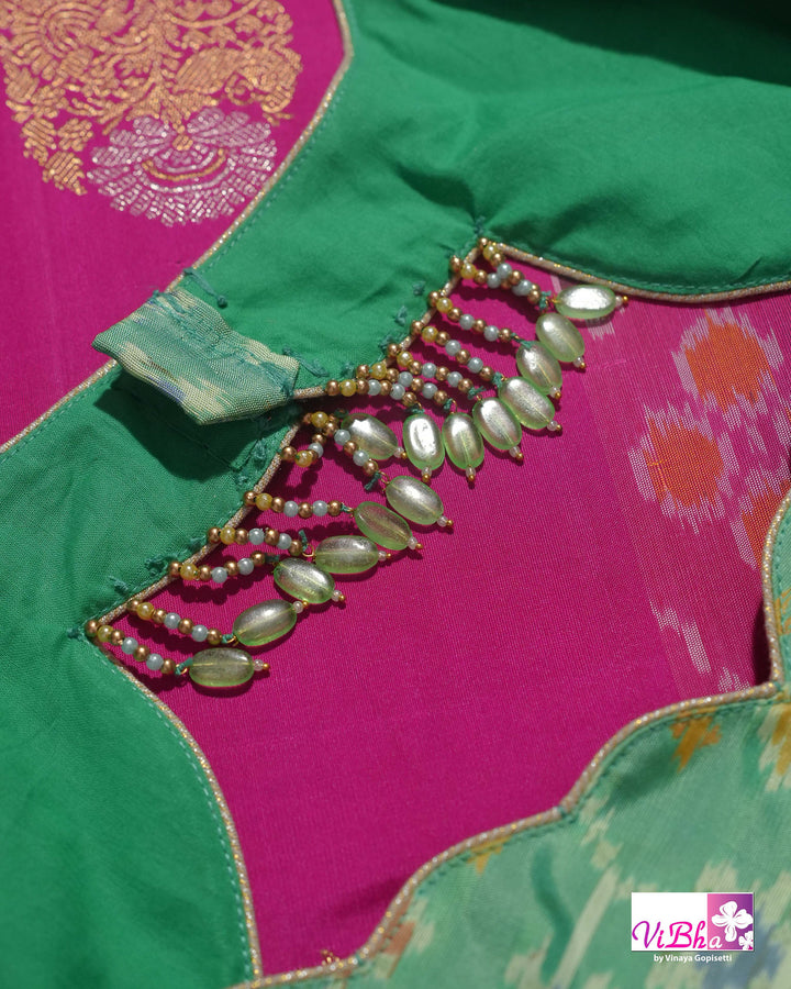 Rani Pink Handwoven Kanchi Silk Saree with Patola Weave and Blouse