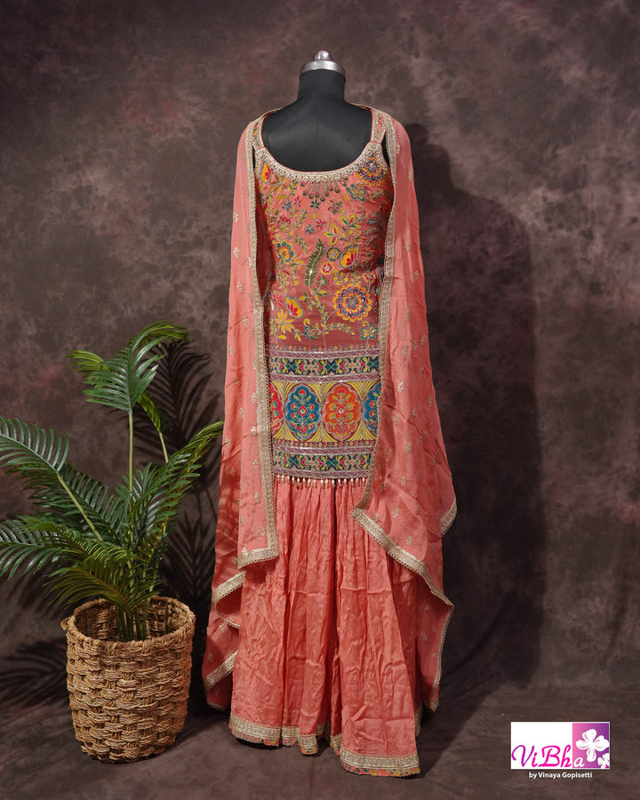 Coral Peach Multicolor Embroidered Sharara Set