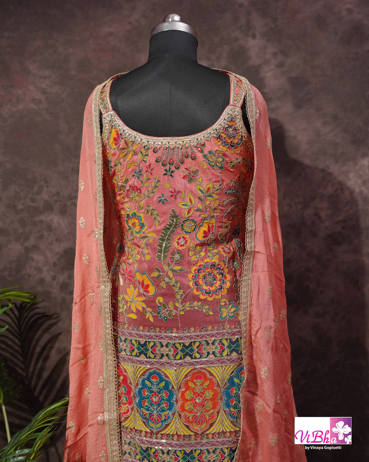 Coral Peach Multicolor Embroidered Sharara Set