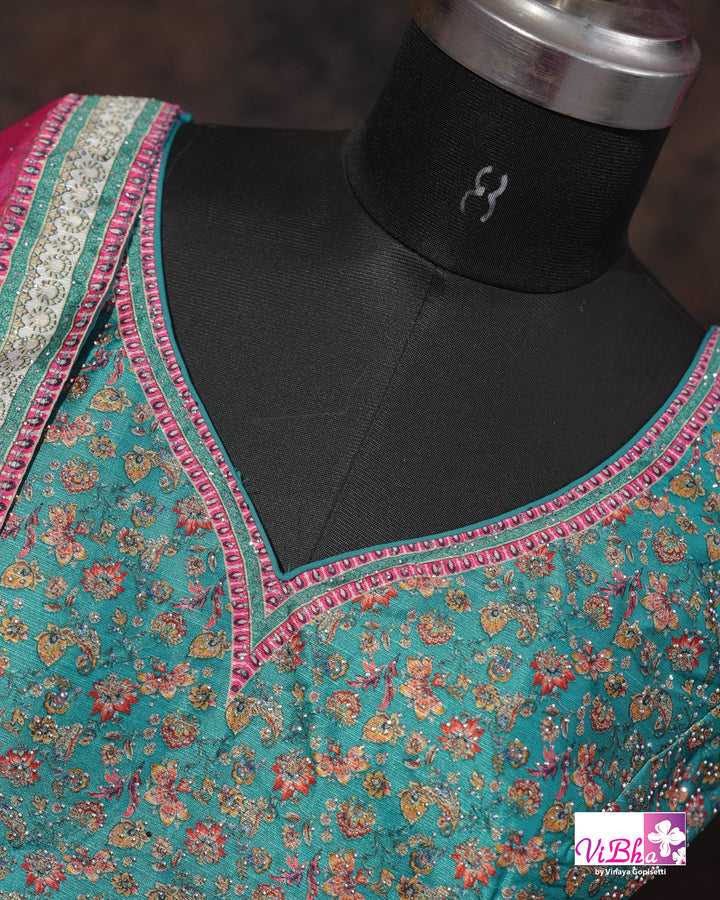 Turquoise &amp; Rani Pink Multicolor Lehenga Set