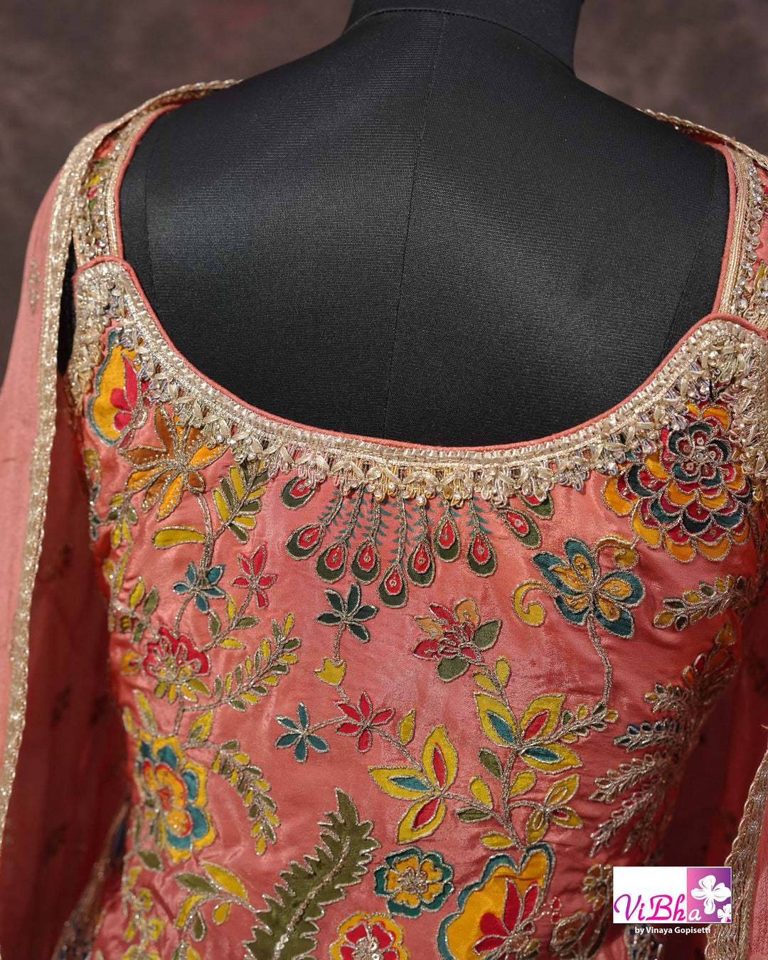 Coral Peach Multicolor Embroidered Sharara Set