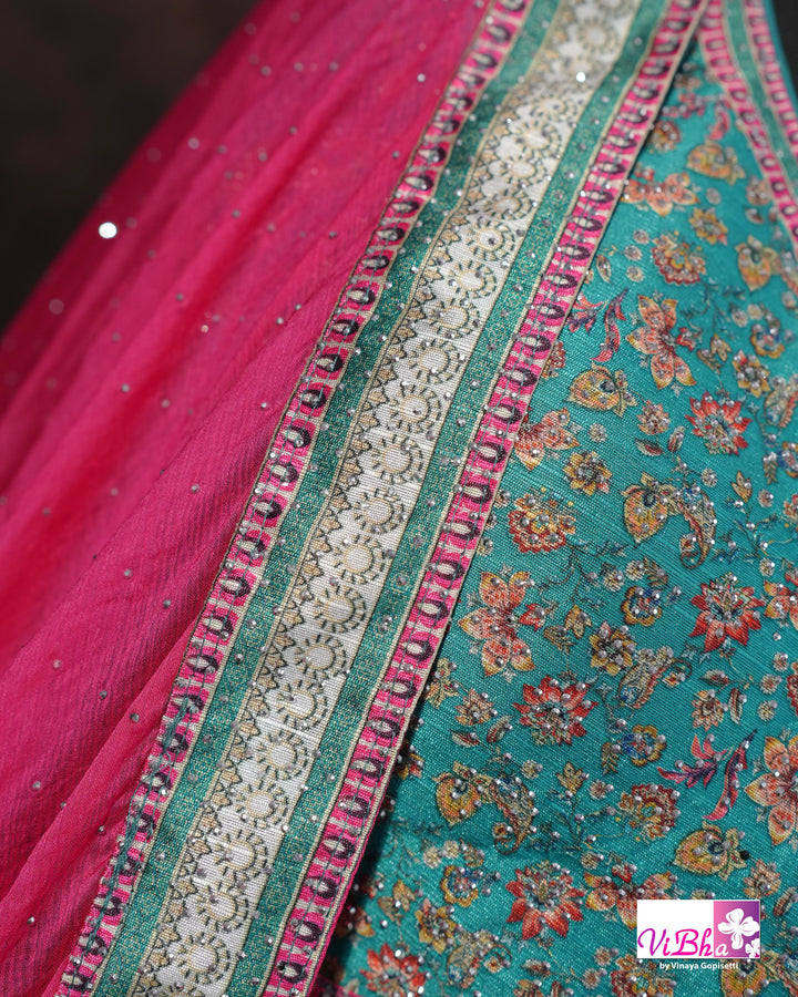 Turquoise &amp; Rani Pink Multicolor Lehenga Set