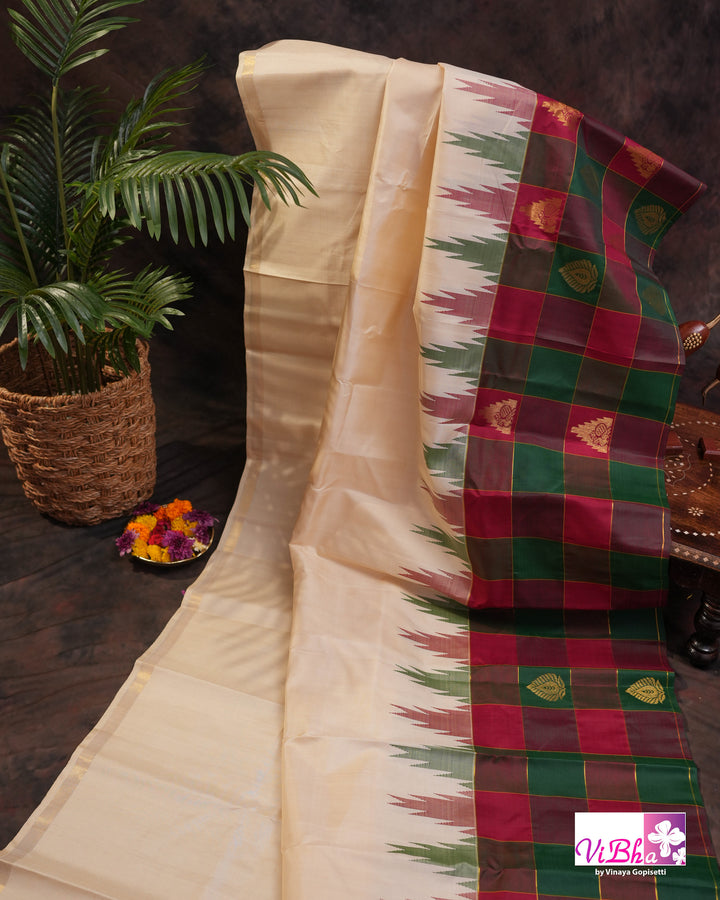 Cream Kanchi Silk Saree with Blouse &amp; Kattam Border