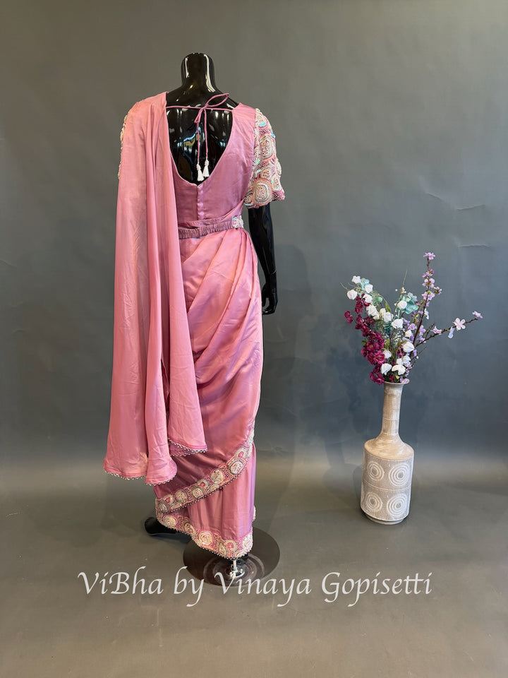 Dusty rose pink pre draped saree and blouse