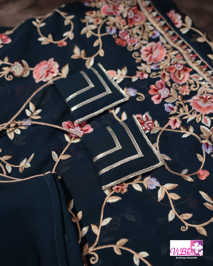 Midnight Blue Designer Saree with Pink and Gold-Toned Floral Embroidery