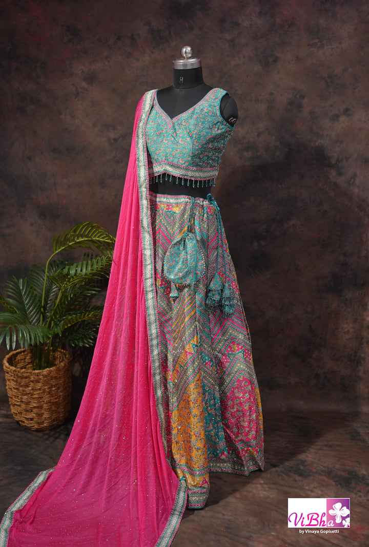 Turquoise &amp; Rani Pink Multicolor Lehenga Set