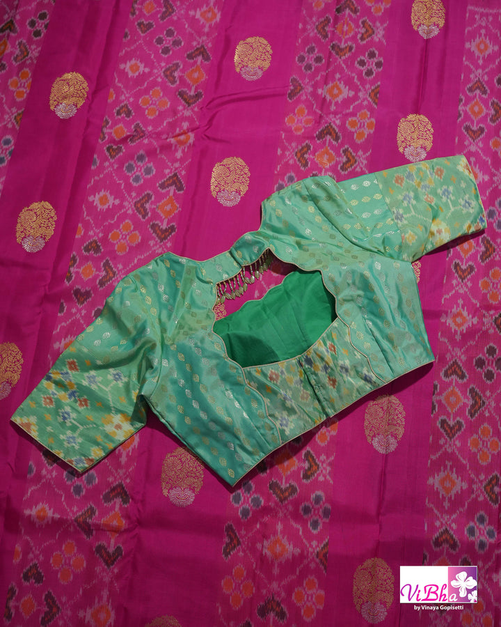 Rani Pink Handwoven Kanchi Silk Saree with Patola Weave and Blouse