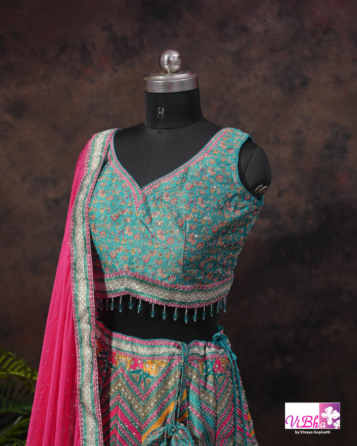 Turquoise &amp; Rani Pink Multicolor Lehenga Set