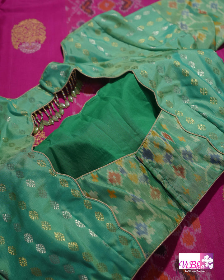 Rani Pink Handwoven Kanchi Silk Saree with Patola Weave and Blouse