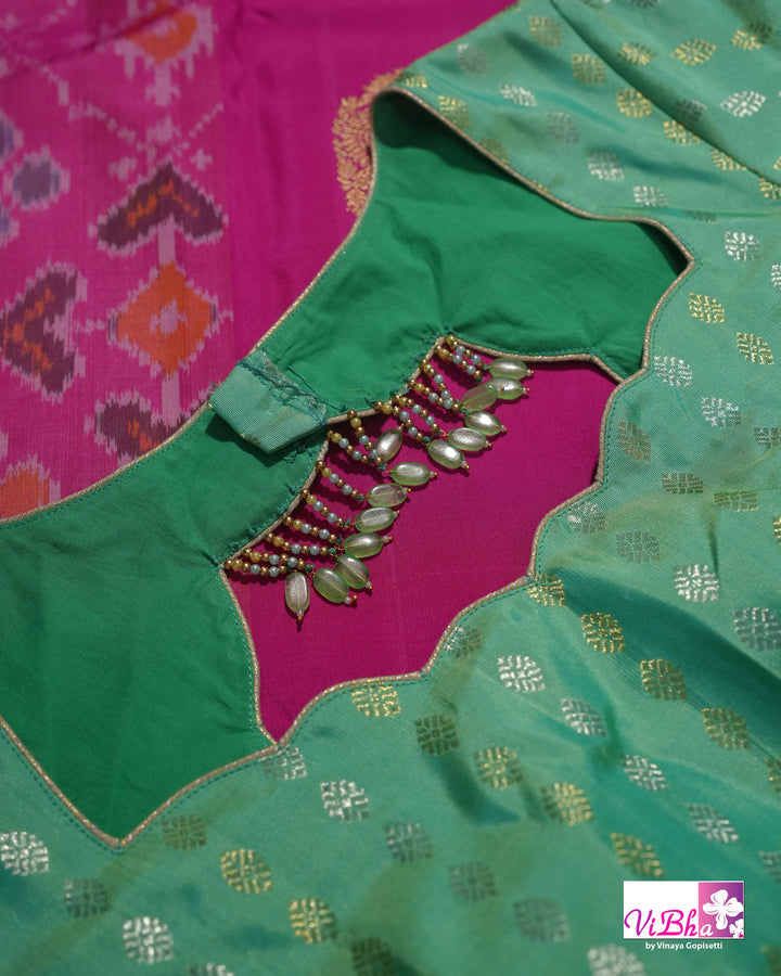 Rani Pink Handwoven Kanchi Silk Saree with Patola Weave and Blouse