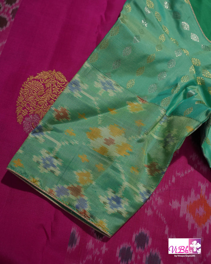 Rani Pink Handwoven Kanchi Silk Saree with Patola Weave and Blouse