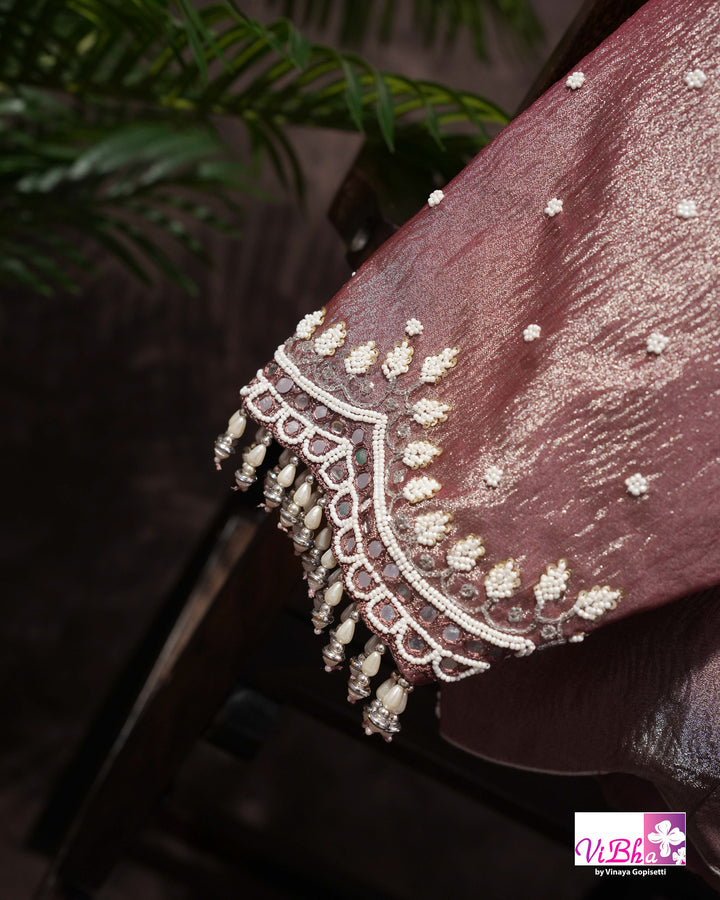 Rose Mauve Shimmer Designer Saree with Embellished Scalloped Leaf Border