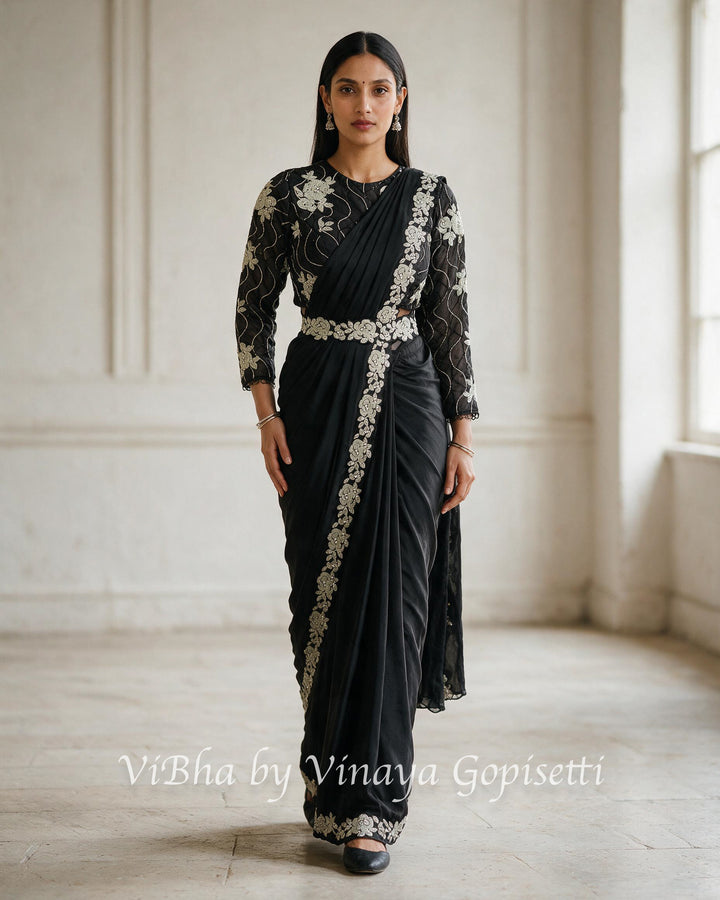 Black pre draped saree and blouse