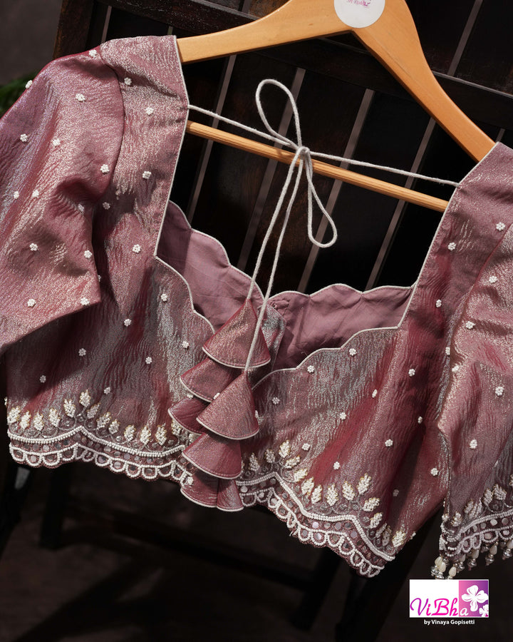 Rose Mauve Shimmer Designer Saree with Embellished Scalloped Leaf Border