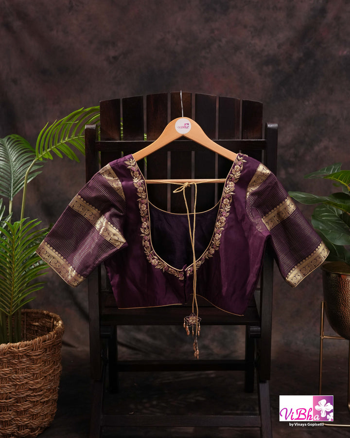 Dark Mauve And Plum Kanchi Silk Saree with Embroidered Blouse
