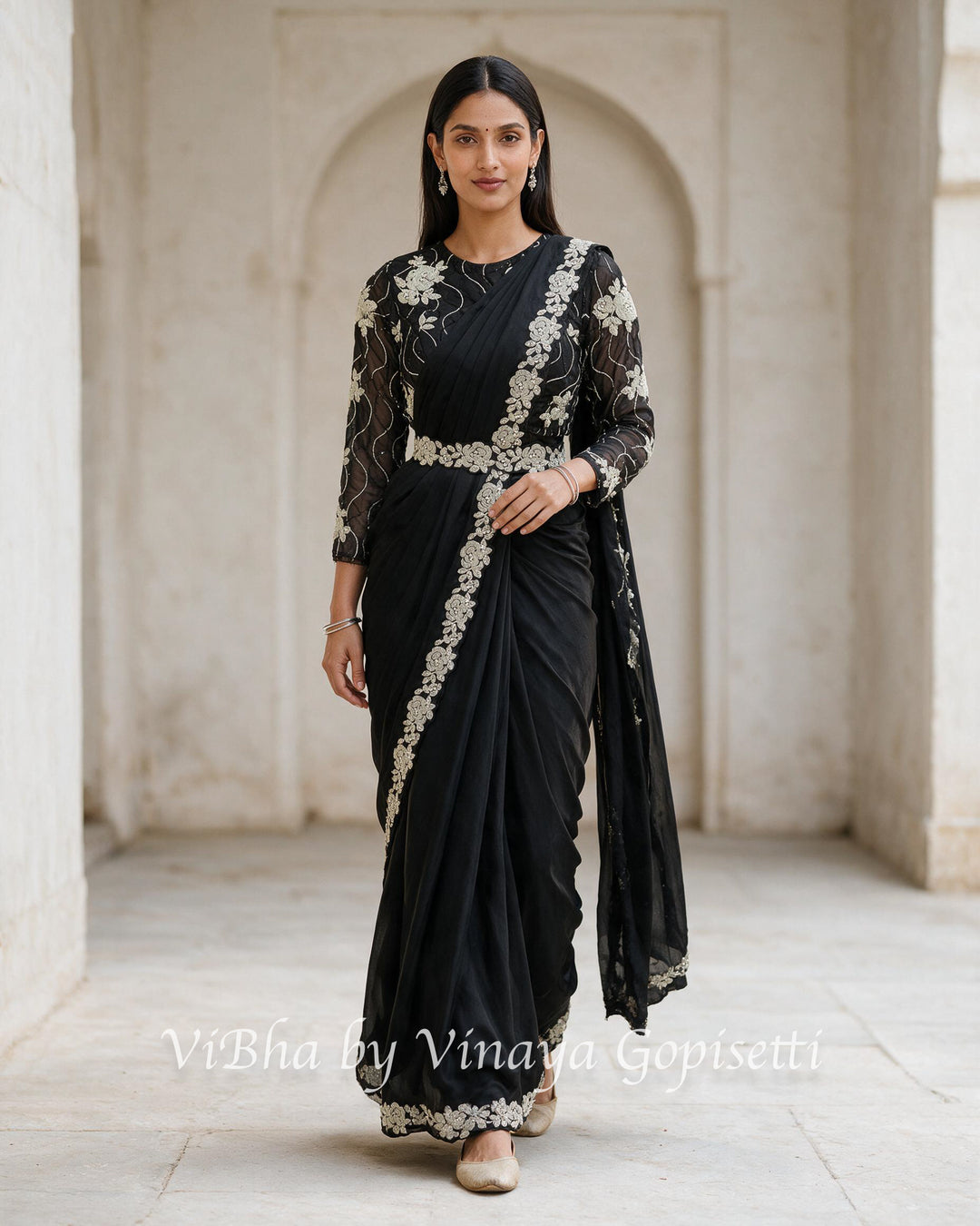 Black pre draped saree and blouse
