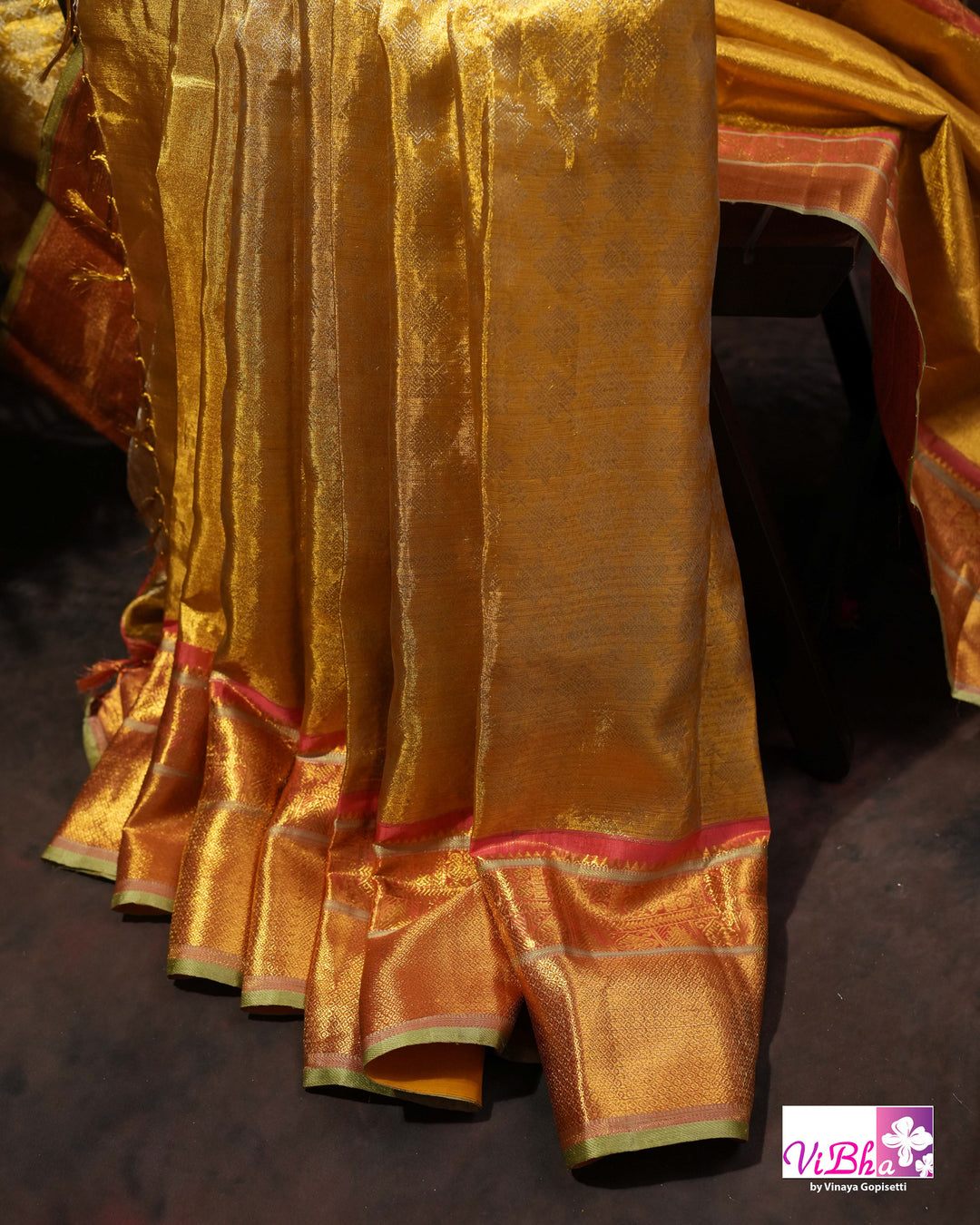 Antique Gold Kanchi Silk Saree with Copper Orange Border and Green Accents