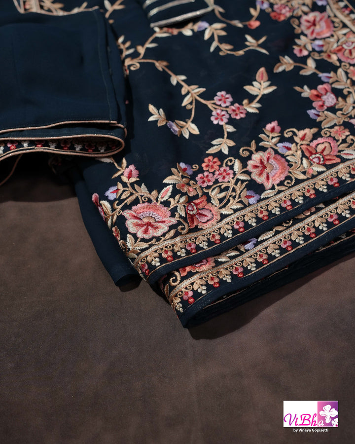 Midnight Blue Designer Saree with Pink and Gold-Toned Floral Embroidery