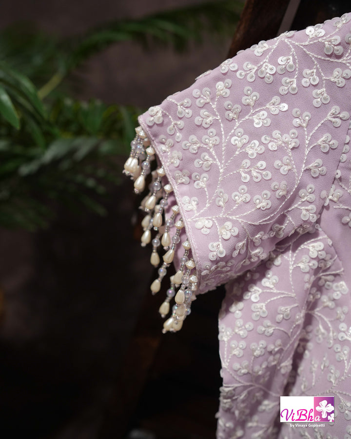 Pale Lilac Designer Saree with All-Over Floral Work and Scalloped Border