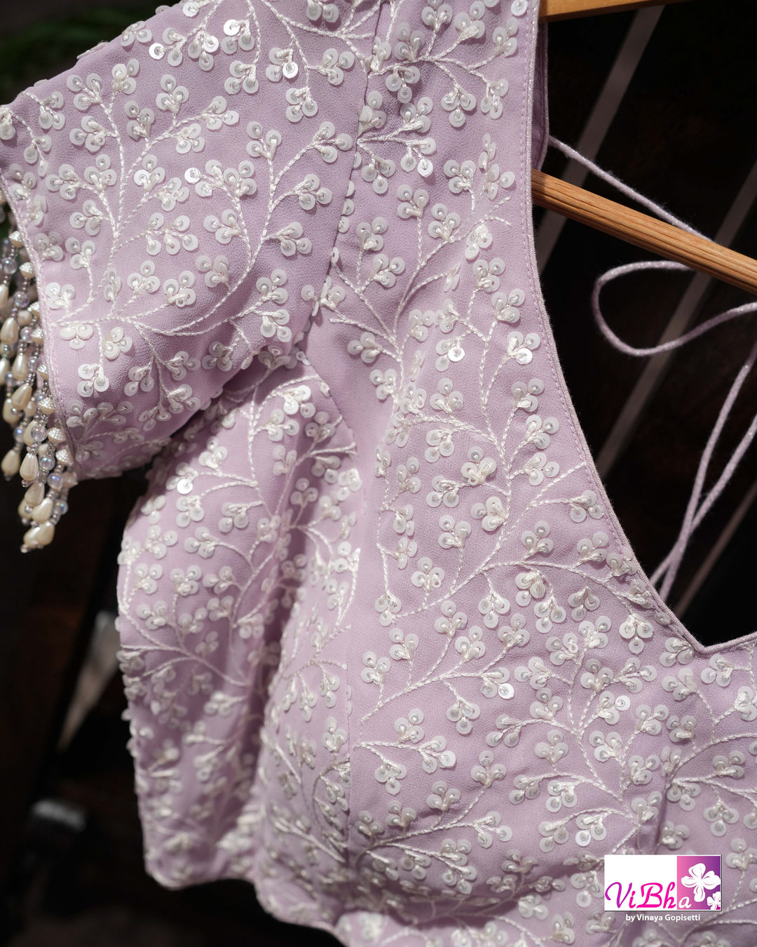 Pale Lilac Designer Saree with All-Over Floral Work and Scalloped Border