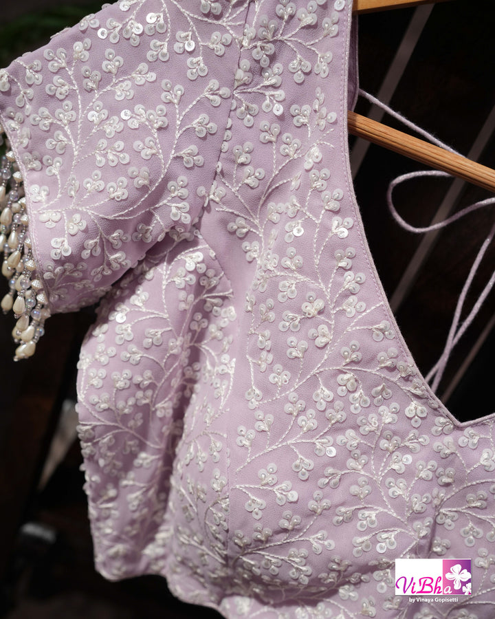Pale Lilac Designer Saree with All-Over Floral Work and Scalloped Border