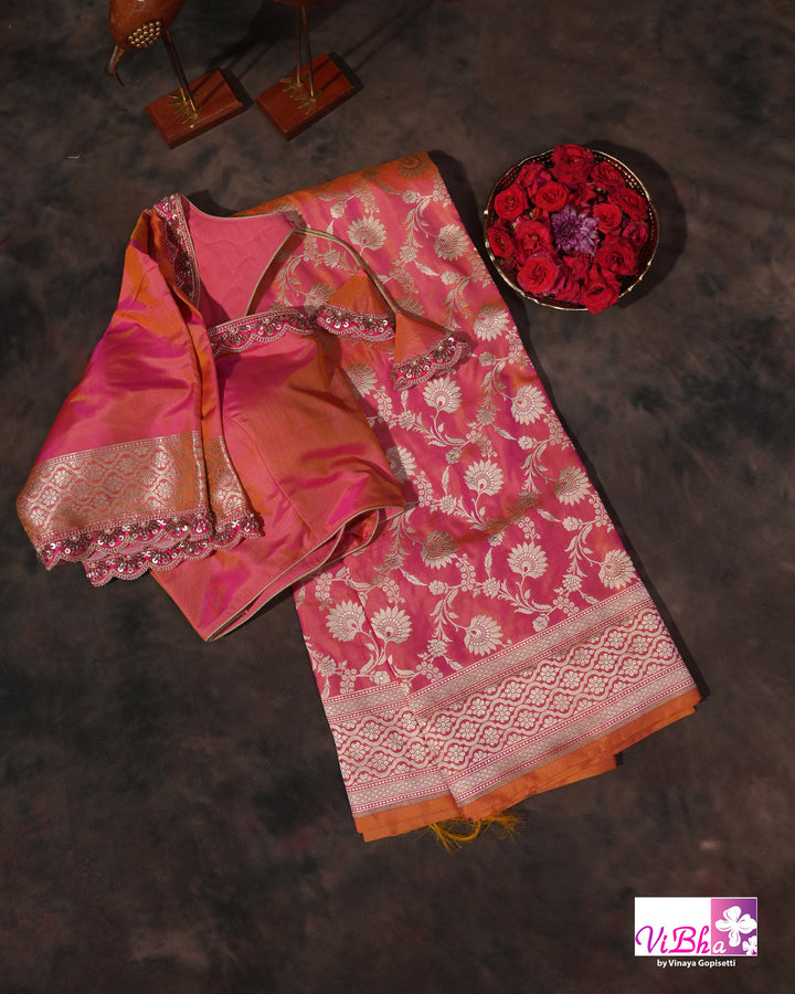 Peach Dual tone Jangla Katan Saree
