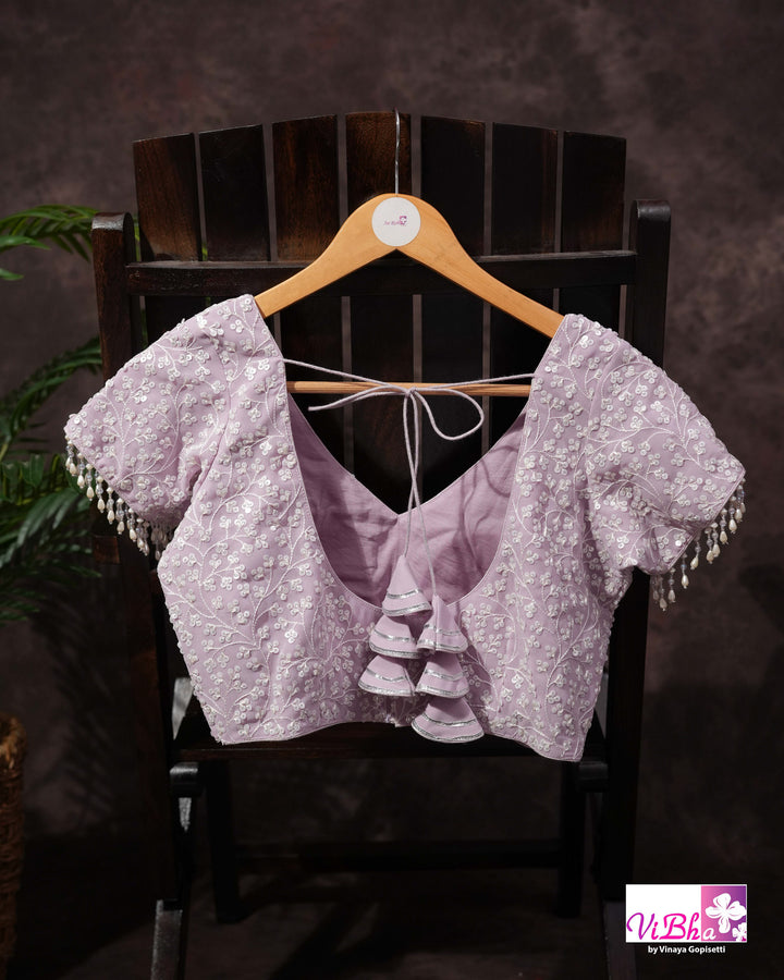 Pale Lilac Designer Saree with All-Over Floral Work and Scalloped Border
