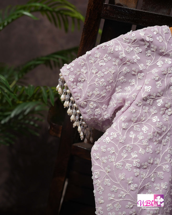 Pale Lilac Designer Saree with All-Over Floral Work and Scalloped Border