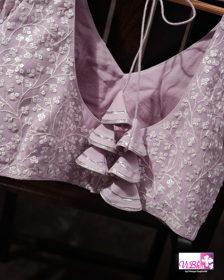 Pale Lilac Designer Saree with All-Over Floral Work and Scalloped Border