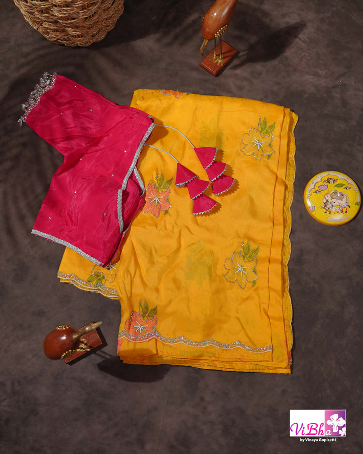 Marigold Yellow Designer Saree with Pink Floral Embroidery