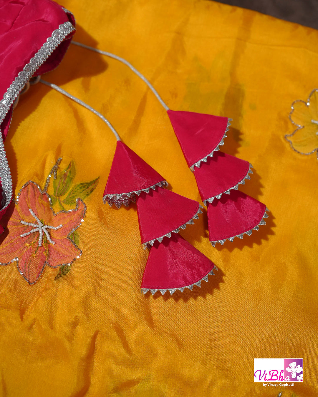 Marigold Yellow Designer Saree with Pink Floral Embroidery