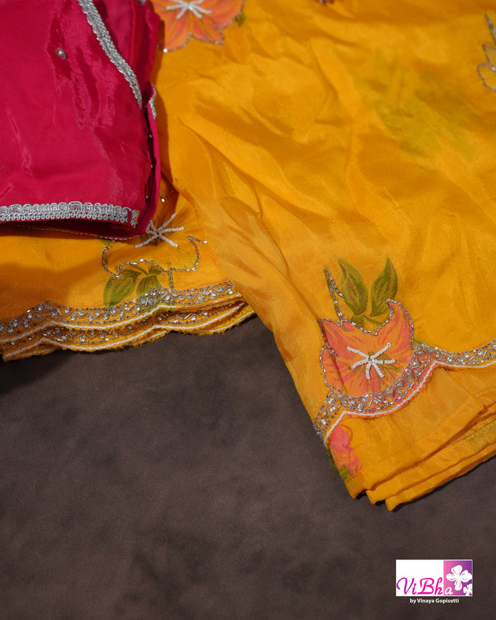 Marigold Yellow Designer Saree with Pink Floral Embroidery